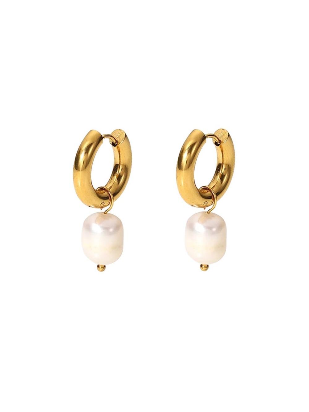 Gold Huggie Earrings with White Pearl Drops